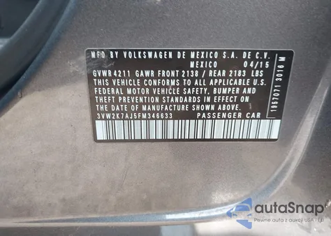 2015 Volkswagen Jetta 2.0L S z USA, uszkodzony, nr VIN 3VW2K7AJ5FM346633